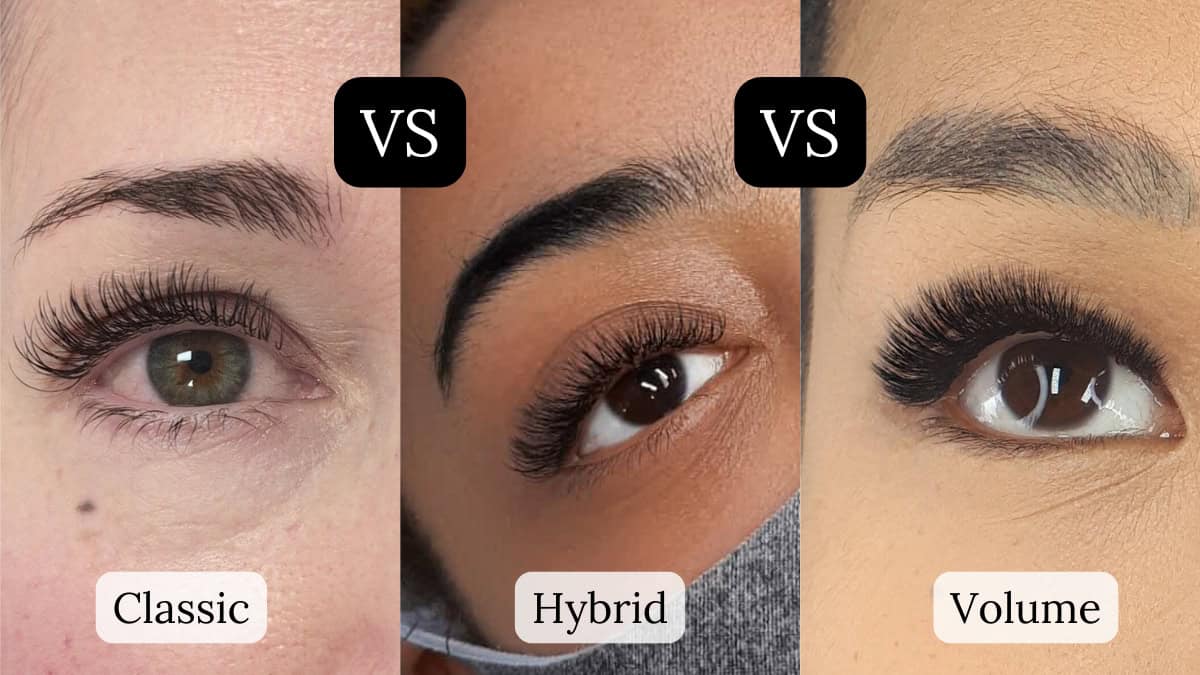 Diferentes tipos de extensão de cílios - fio a fio, volume russo e híbrida